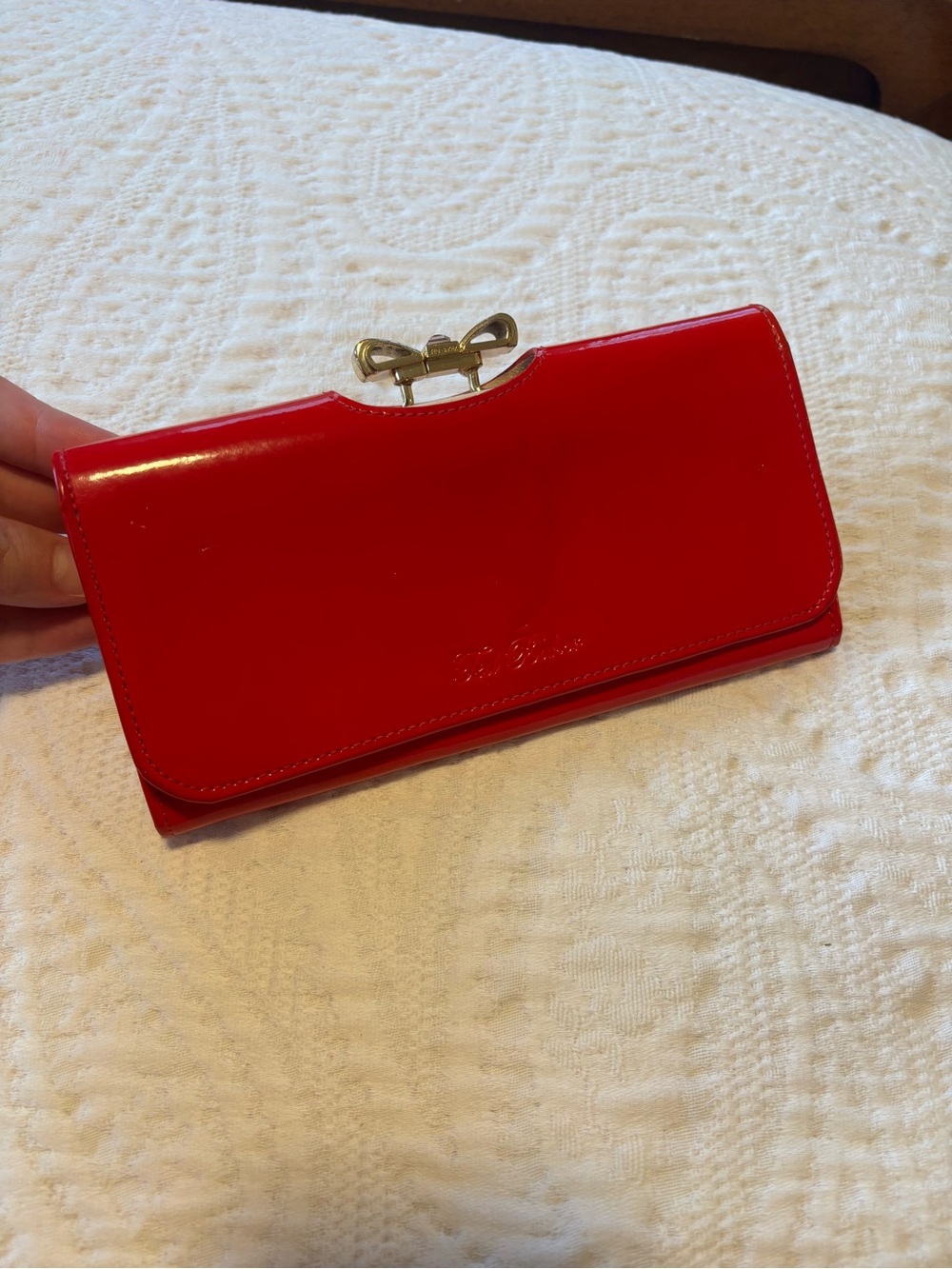 Ted Baker Red Patent Leather Billfold with Gold Bow Clasp